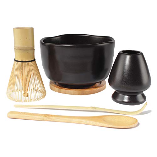 BambooMN Matcha Whisk Starter Set - Chawan Matcha Bowl, Tea Whisk, Chashaku, Spoon, Matcha Holder, and Bamboo Coaster for
