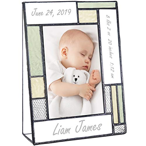 J Devlin Glass Art Personalized Baby Picture Frame Green and Yellow Engraved Glass 4x6 Vertical Photo Nursery Decor Newborn Gift for Girl or Boy