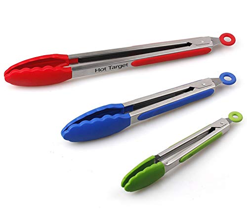 HOT TARGET Set of 3-7, 9, 12 inches, Multi-Color, Heavy Duty, Non-Stick, Stainless Steel Silicone BBQ and Kitchen Tongs (Can