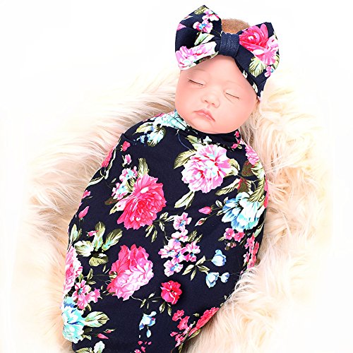 Galabloomer Newborn Receiving Blanket Headband Set Flower Print Baby Swaddle Receiving Blankets ga