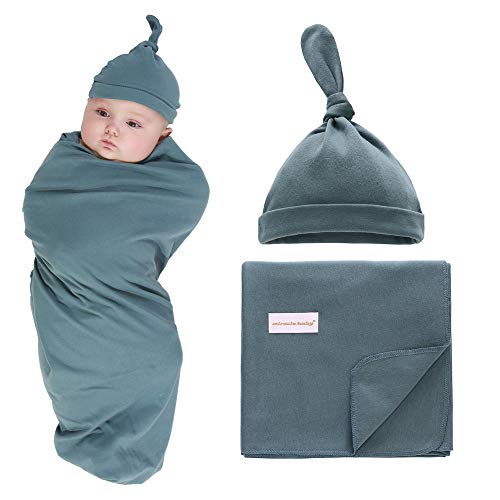 Miracle Baby 100% Cotton Knitted Baby Swaddle Blanket with Hat Set, 35"x35", Newborn Swaddle Wrap, Receiving Blankets, Burping Cloth &