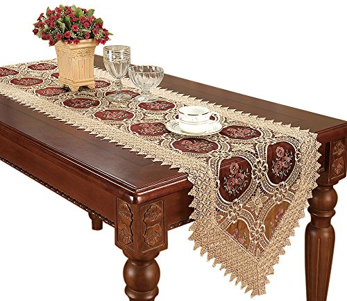 Simhomsen Vintage Gold Burgundy Lace Table Runner Dresser Scarves Embroidered Floral 16 Ã— 72 Inch