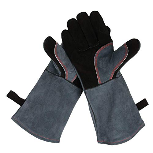 OZERO 932Â°F Heat Resistant Grill BBQ Gloves Leather Forge Welding Glove with Long Sleeve for Men and Women Black-Gray 16-inch
