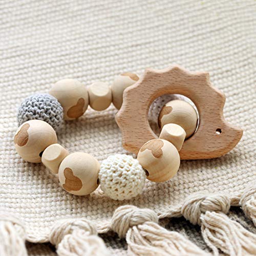 Promise Babe Hedgehog Wooden Teether Baby Gym Rattle Teether Natural Raw Crochet Beads Toy Baby Teething Ring Chew Toy Baby Teething