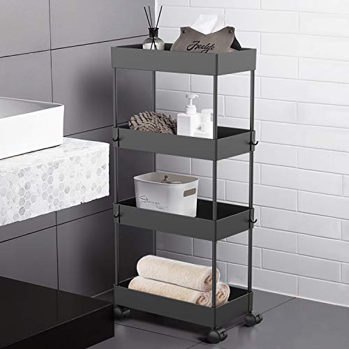 AOJIA 4 Tier Slide Out Storage Cart, Bathroom Storage Organizer Rolling Utility Cart, Bathroom Storage Cart with Wheels