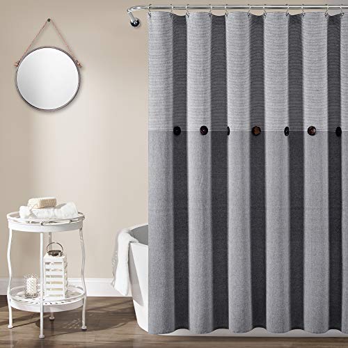 Lush Decor Gray Linen Woven Cotton Shower Curtain, Farmhouse Button Stripe, Yarn Dyed (72" x 72")