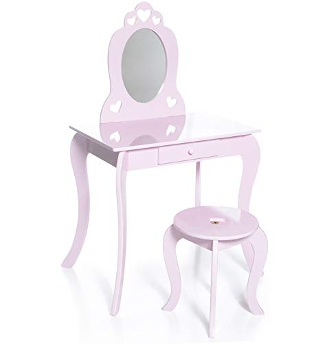 Milliard Kids Vanity Makeup Table and Chair Set, Pretend Beauty Make Up Stool Play Set for Children, Pink with Mirror