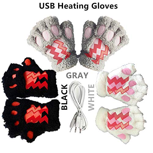 Kbinter USB 2.0 Powered Stripes Heating Pattern Knitting Wool Cute Heated Paw Gloves Fingerless Hands Warmer Mittens Laptop