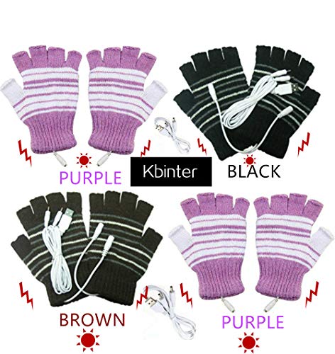 Kbinter USB 2.0 Powered Stripes Heating Pattern Knitting Wool Cute Heated Gloves Fingerless Hands Warmer Mittens Laptop