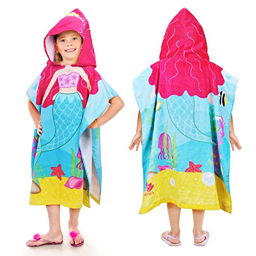 Tirrinia Little Mermaid Hooded Poncho Kids Beach Bath Swim Towel 100% Cotton for 2-7 Years Girls Gift, 24 by 52-inches