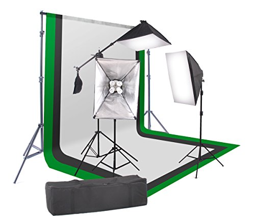 StudioFX 2400 Watt Softbox Continuous Photo Lighting Kit 16"x24" + Boom Arm and 6'x9' Black, White, Chromakey Green Backdrop