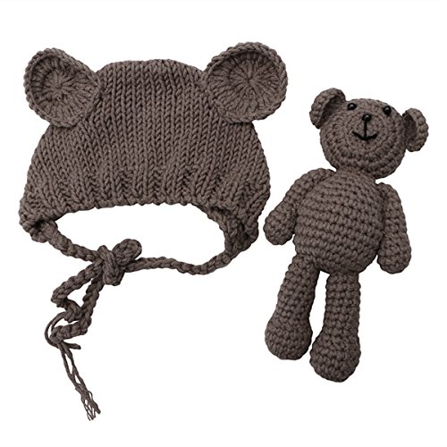 ECYC Newborn Baby Bear Hat Beanie with Bear Dolls Photography Accessories,Brown