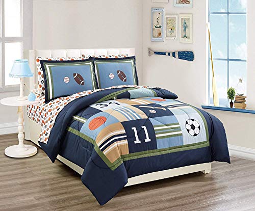 Elegant Home Multicolor Sports Basketball Baseball Soccer Football Design 7 Piece Full Size Comforter Bedding Set for
