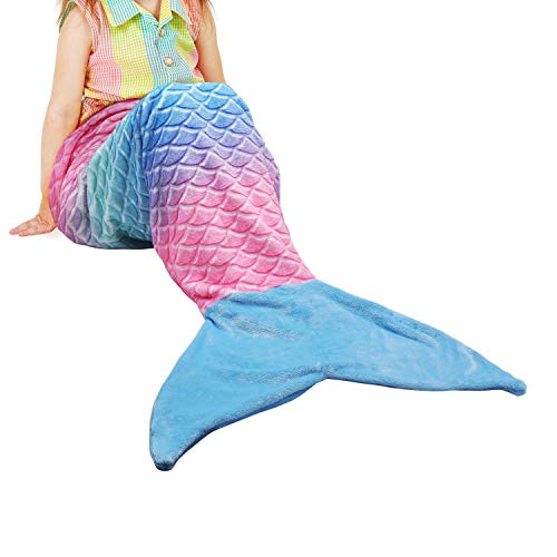 Catalonia Kids Mermaid Tail Blanket,Super Soft Plush Flannel Sleeping Snuggle Blanket for Girls,Rainbow Ombre,Fish Scale