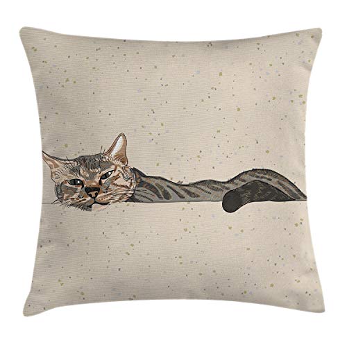 Ambesonne Cat Throw Pillow Cushion Cover, Lazy Sleepy Cat in Earth Tones Furry Mascot Indoor Pet Art Illustration, Decorative
