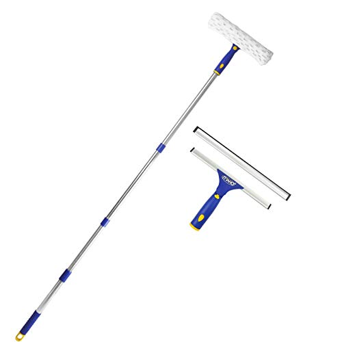 ITTAHO Squeegee for Window Cleaning,Squeegee and Microfiber Scrubber Combi with Stainless Steel Pole,Extendable Handle Window