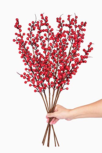 LSKY 6 Pack Artificial Red Berry Stems 25.5Inch Christmas Holly