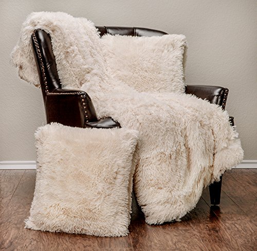 Chanasya 3-Piece Shaggy Throw Blanket Pillow Cover Set - Chic Fuzzy Faux Fur Sherpa Throw (50x65 Inches) 2 Throw Pillow