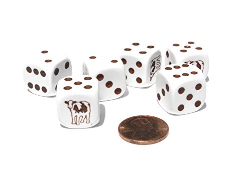 Koplow Games Set of 6 Cow Dice 16mm D6 Rounded Edge Koplow Animal Dice- White with Brown Pips