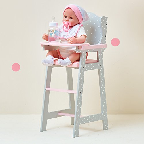 Olivia's Little World - Polka Dots Princess Baby Doll High Chair , Feeding Highchair Toddler Wooden Doll Play Furniture -