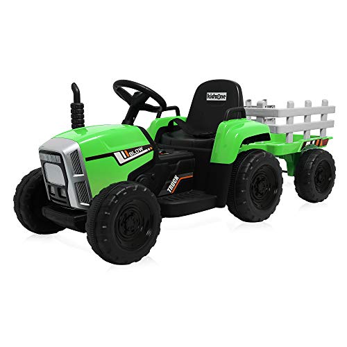 Kidzone Green 12V 7AH Kids Battery Powered Electric Tractor with Trailer Toddler Ride On Ground Loader w/ 2 Speeds 7-LED