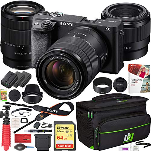 Sony a6400 4K Mirrorless Camera ILCE-6400M/B with 18-135mm F3.5-5.6 and FE 50mm F1.8 2 Lens Kit Bundle with Deco Gear Travel