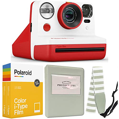 Polaroid Now i-Type Camera - Red + Polaroid Color Film for i-Type - Double Pack + Grey Album + Neck Strap