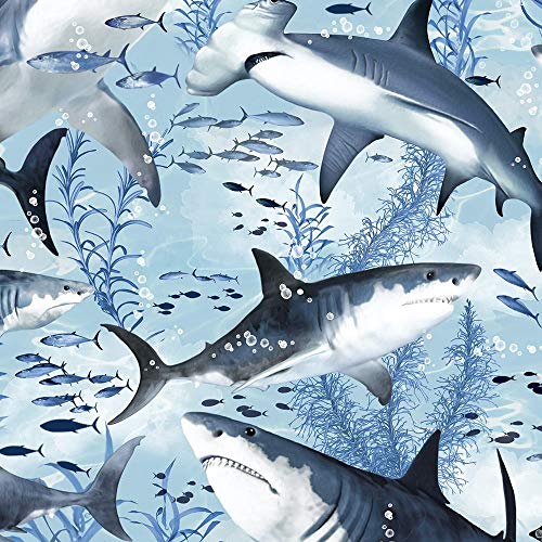 Timeless Treasures Shark Fabric, by The Yard, Swimming Sharks, C7980, Timeless Treasures, Quilting Cotton, BTY