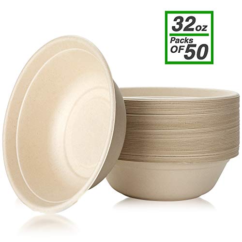 Green Tree Products disposable paper bowls, 32 oz [50 Pack] large bowl-100% compostable, biodegradable, green and Eco-friendly natural colour