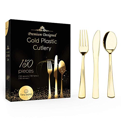 Tiina World Gold Plastic Silverware Set Cutlery 150 Piece Flatware Set - Disposable Utensils - Heavyweight Forks Knives and Spoons -