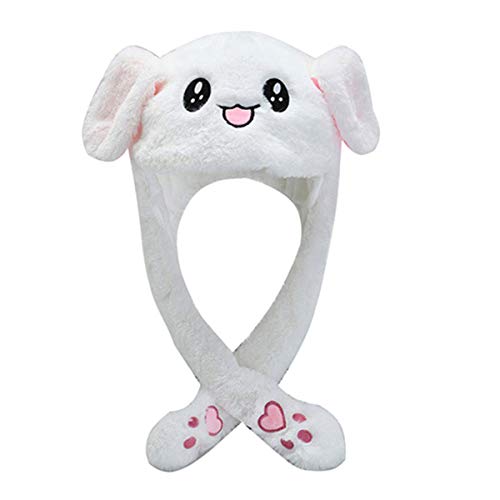 Shinning Cute Plush Bunny Rabbit Hat Rabbit Cap, Ear Moving Jumping Hat for Women Girls Cosplay Christmas Party Holiday Hat (White)