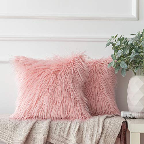 Ashler Home Deco Ashler Pack of 2 Decorative Luxury Style Pink Faux Fur Throw Pillow Case Cushion Cover 18 x 18 Inches 45 x 45 cm