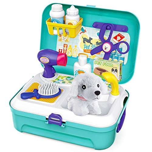 Sanlebi Pet Care Play Set Dog Grooming Kit with Backpack Doctor Set Vet Kit Educational Toy-Pretend Play for Toddlers Kids Children