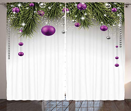 Ambesonne Christmas Curtains, Tree with Tinsel and Ball with Present Wrap Ribbon Celebration Picture, Living Room Bedroom