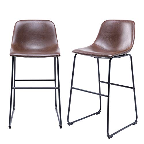 TAVR Furniture TAVR PU Leather Bar Stools with Back and Footrest Set of 2 Brown Modern Bar Stool Chair Height for Pub Coffee Home Dinning