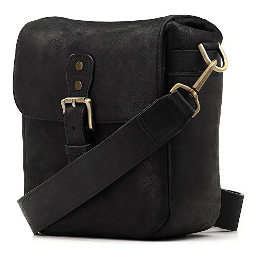 MegaGear Genuine Leather Camera Messenger Bag for Mirrorless, Instant and DSLR, Black (MG1328)