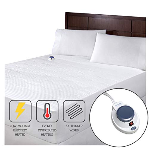 SoftHeat | Smart Heated Electric Mattress Pad with Safe & Warm Low Voltage Technology, Dobby Stripe, King, White