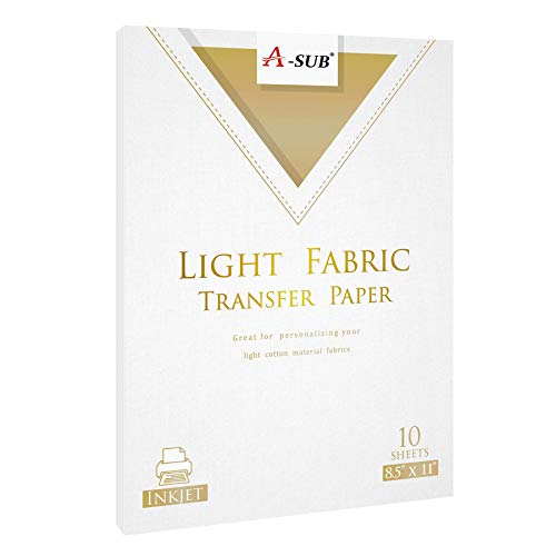 A-SUB Inkjet Printable Iron-On Heat Transfer Paper for Light Fabric, 8.5x11 inch 10 Sheets Make Custom T-shirts, Totes and