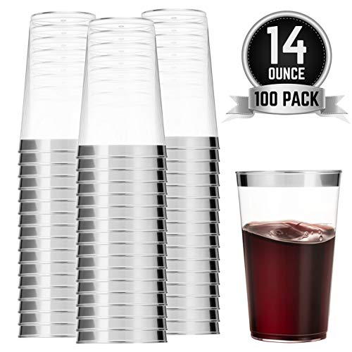 Munfix 100 Silver Plastic Cups 14 Oz Clear Plastic Cups Tumblers Silver Rimmed Cups Fancy Disposable Wedding Cups Elegant Party Cups