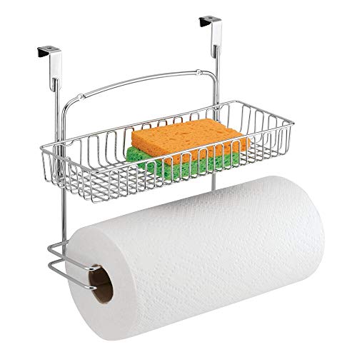 mDesign Over Cabinet Paper Towel Holder with Multi-Purpose Basket Shelf -  Hanging Storage Organizer for Kitchen, Pantry
