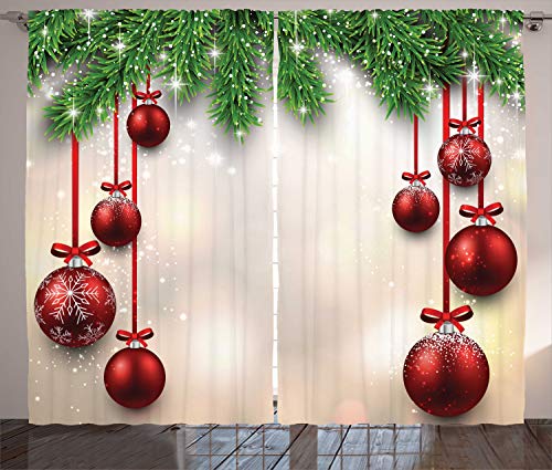 Ambesonne Christmas Curtains, Xmas Traditional Winter Season Theme Fir Twigs and Vibrant Balls Graphic Print, Living Room