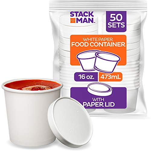 Stack Man [16 oz. - 50 Sets] Paper Food Container with Lid, Insulated Paper Food Cup with Paper Vented Lid, Hot or Cold to Go