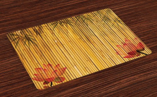 Lunarable Bamboo Place Mats Set of 4, Chinese Bamboo Stems and Flower Silhouettes and Shadow Eastern Tropical Exotic Image,