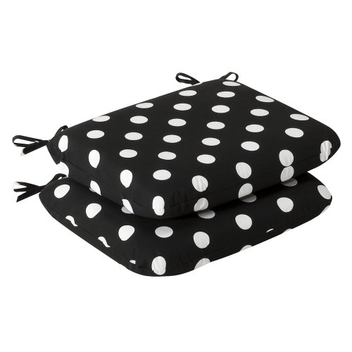 Pillow Perfect Outdoor/Indoor Polka Dot Round Corner Seat Cushions, 18.5" x 15.5", Black, 2 Pack