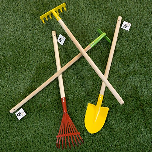 Hey! Play! Kidâ€™s Garden Tool Set with Child Safe Shovel, Rake, Hoe and Leaf Rakeâ€“ 4 Piece Gardening Kit with Long Wood