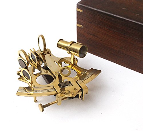 CollectiblesBuy Vintage Ship History Sextant with Hardwood Box Antique Marine Collectible, 6 inch, Brass