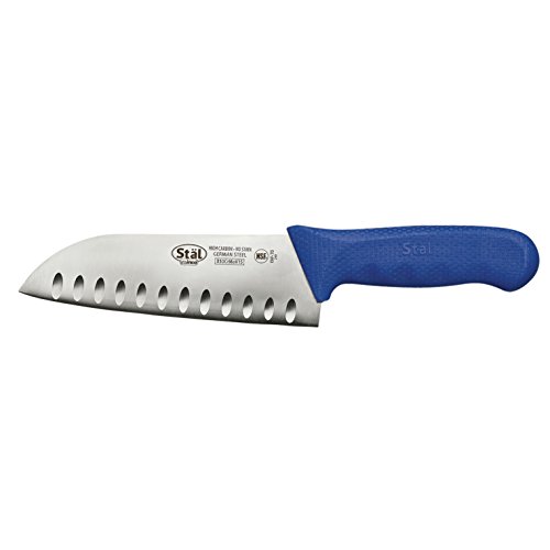 Winco KWP-70U StÃ¤l Stamped Cutlery Santoku Knife 7" Stainless Steel Blade, Hollow Granton Edge, Blue Plastic Handle