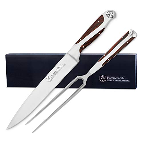 Hammer Stahl Carving Knife and Fork Set - German High Carbon Stainless Steel - Ergonomic Quad-Tang Pakkawood Handles -