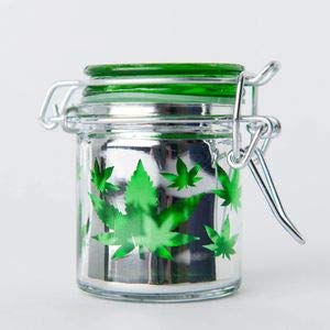 TMI Stash Jars Airtight Glass Herb Stash Jar - Shiny Metallic Silver with Green Pot Leaf Cutout Design, 1.5oz, 2.5 Inches