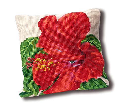 Thea GOUVERNEUR SINCE 1959 Thea Gouverneur - Counted Cross Stitch Kit - Embroidery Kit - 23.4005 - Pre-Sorted DMC Threads - Hibiscus Cushion - Canvas -